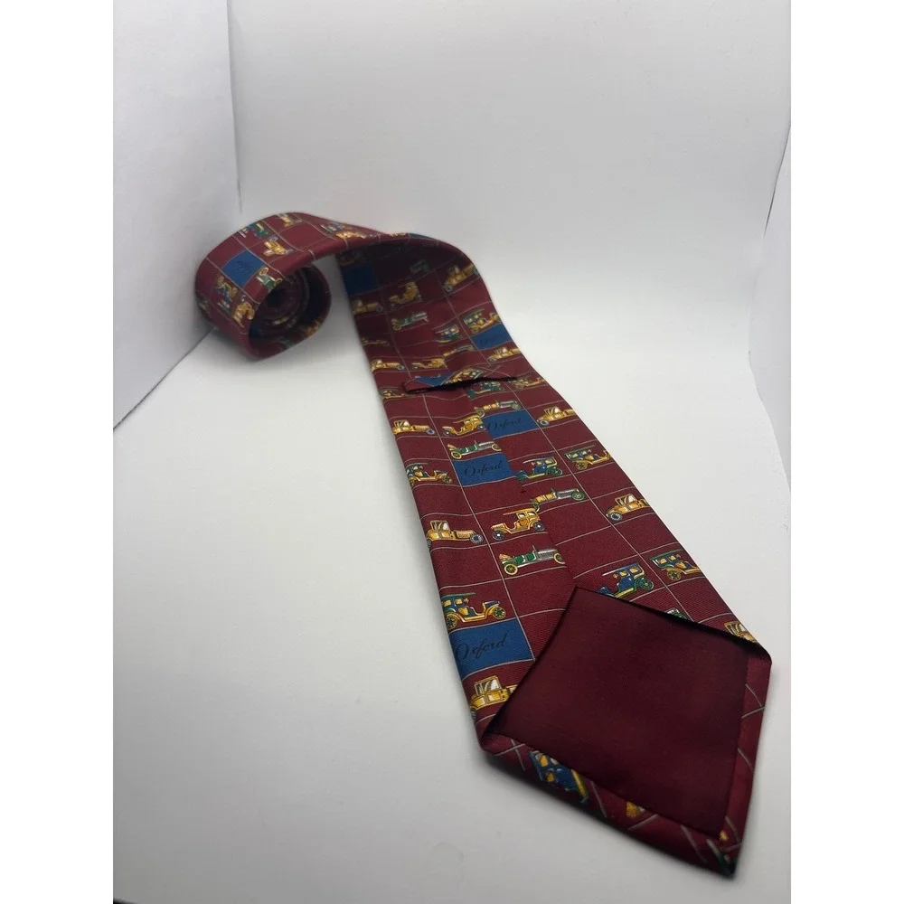 Oxford Mens Silk Tie Burgundy Vintage Antique Cars Novelty Grid Pattern Red